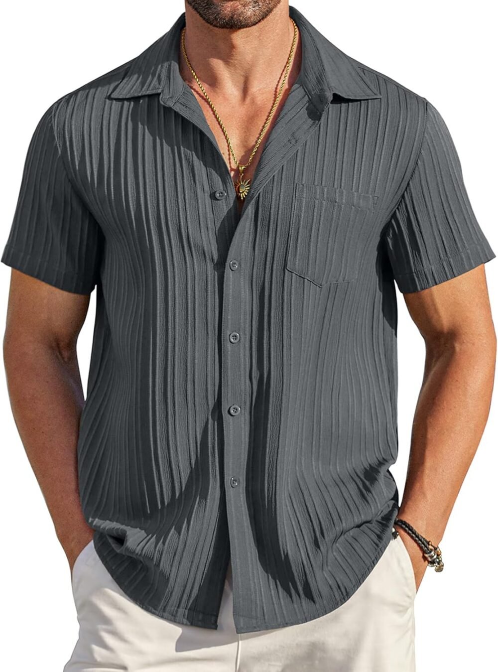 COOFANDY Men's Casual Button Down Shirts Short Sleeve Textured Summer Beach Shirt with Pocket - Image 4